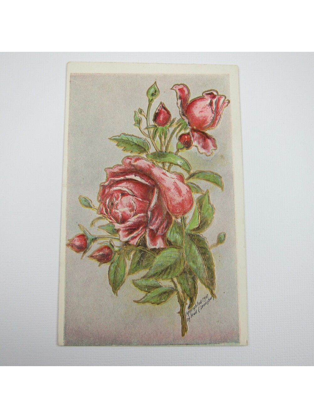 Postcard Greeting Antique 1907 Embossed Red Pink Rose Flowers Gold Gilt UNPOSTED